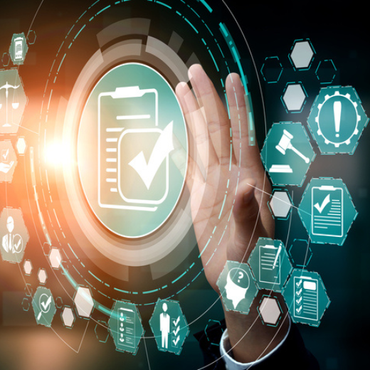 spac Photo of a hand touching a graphic image of compliance rule law and regulation graphic interface